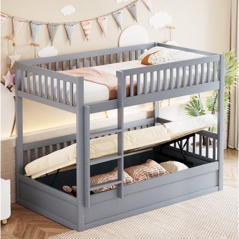 Lit superposé enfant en bois gris 90x200 cm avec rangement hydraulique et sommier à lattes (1/5)