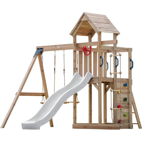 Axi Moos Aire De Jeux En Bois Avec 2 Balançoires, Toboggan Blanc, Echelle En Corde / Aire De Jeux Extérieur Avec Balançoires/ Bac À Sable/Mur D'Escalade  Portique Balançoire/Jeux En Bois Extérieur