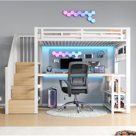 Kinder-Hochbett 90 x 200 cm mit Schreibtisch, Stauraum, LED und USB-C, weiß HAVRYA (1/5)