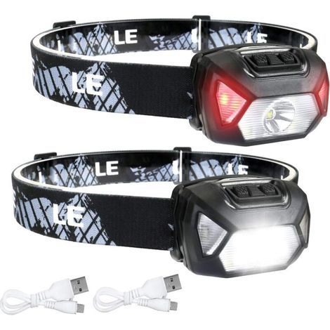 Powerful Rechargeable LED Headlamp, D500 USB LED Head Torch 2000lux White and Red Light 6 Lighting Modes IPX6 for Cycling, Camping, Hiking, DIY - 2 Pcs [Energy Class (1/5)