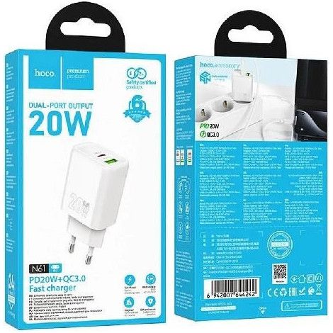 Hoco N61 Dual-Port-USB-C-USB-A-20W-PD-QC3.0-Netzladegerät Weiß