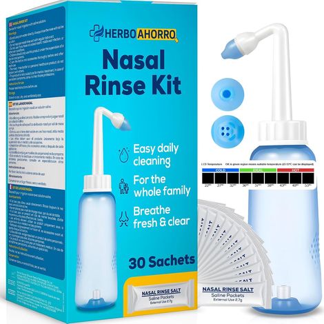 Kit de rinçage nasal avec valve de contrôle de l'eau - Douche nasale avec 30 sachets de sel - Embouts pour adultes et enfants - Nettoyage quotidien du nez - Thermomètre inclus - Capacité 300 ml (1/5)