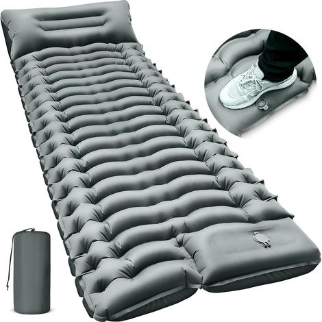 Matelas de camping ultraléger avec oreiller intégré, pompe à pied intégrée, gonflable et compact, idéal pour le camping, la randonnée et les voyages - gris (1/5)