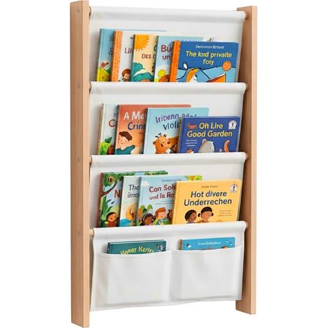 Relaxdays children's wall-mounted bookshelf with 5 fabric pockets, H x W x D: 80x44.5x6 cm, MDF, white (1/5)