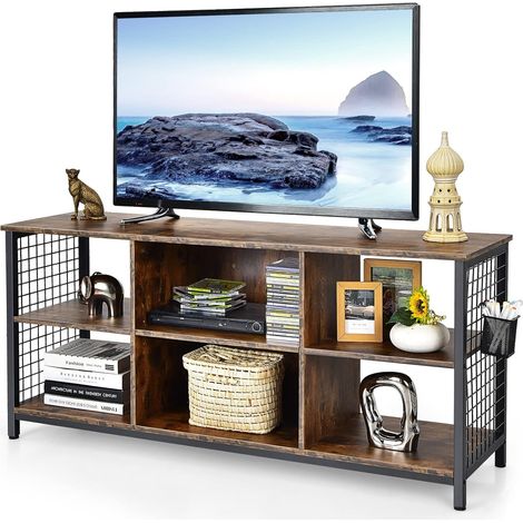 COSTWAY Mueble de TV de 65 Pulgadas, Mesa Consola Multimedia de 3 Niveles con Cesta de Almacenamiento, Mesa Moderna para TV de Madera con 2 Orificios para Gestión de Cables, para Sala de Estar (1/5)