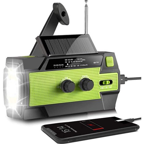Solarbetriebenes Kurbelradio, tragbares 4000-mAh-AM/FM-Wetterradio mit Handy-Ladegerät, Taschenlampe, Leselampe und SOS-Alarmfunktion für Notfälle im Innen- und Außenbereich
