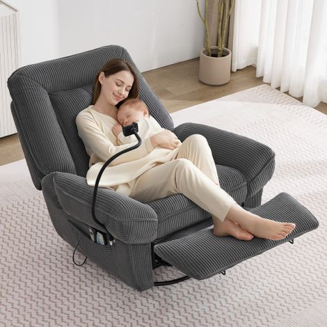 Fauteuil TV inclinable électrique, fauteuil de massage avec fonctions massage et chauffage, pivotant à 360°, fauteuil à bascule pour salon, port USB avec support pour téléphone – Gris