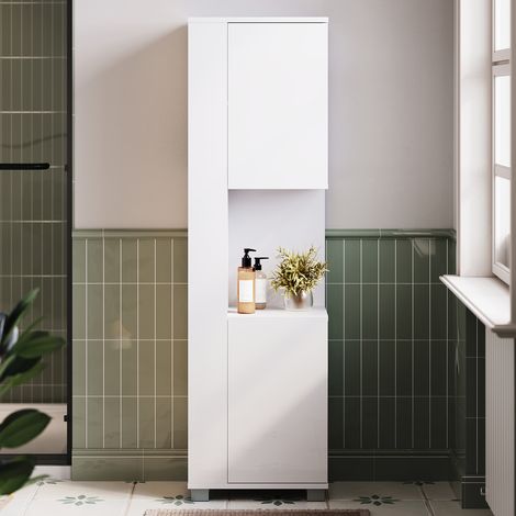 SONNI Hochschrank weiß, mit LED-Beleuchtung, 5 Einlegeböden, 2 Türen und offenen Fächern, 1380 × 400 × 300 mm (1/5)