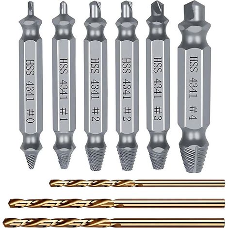 Kit d'extracteurs de vis cassées en 9 pièces avec 3 forets, extracteur de vis HSS 4341, pour percer et retirer les vis endommagées