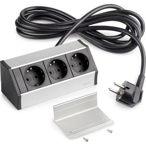 Emuca Aufputz-Multistecker V Dock, 3 x Schuko-Steckdose, Kunststoff und Aluminium, Matt eloxiert
