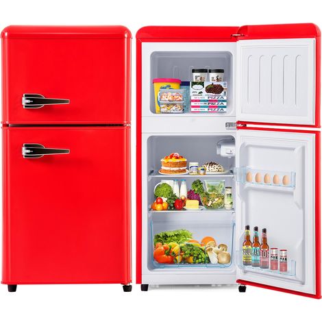 Frigorifero 60L, con 2 porte, compartimento congelatore, illuminazione LED, mensola regolabile, maniglia in metallo, stile vintage, -27-13°C - rosso