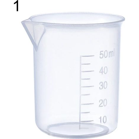 Gobelet doseur (50 ml) en plastique transparent, bécher de laboratoire gradué, récipient de mesure pour liquides, idéal pour la cuisine et la pâtisserie. (1/5)