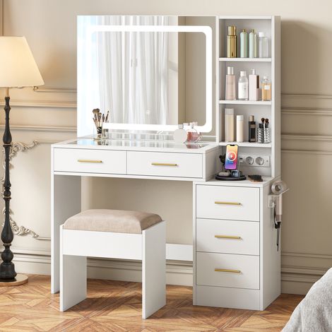 JOOKGBD- Schminktisch mit LED-Spiegel, Kommode mit Hocker, Glasplatte, USB- und Steckdosen-Integration, Schubladenschrank mit Föhnhalter, für Schlafzimmer Ankleidezimmer, Holz, Glas, Kunstfaser,Weiß (1/5)
