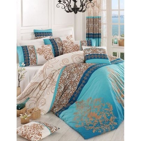 Bedding set - 1 duvet cover 220 x 240 cm + 2 pillowcases 60 x 60 cm - 100% reinforced cotton - Turquoise (1/4)