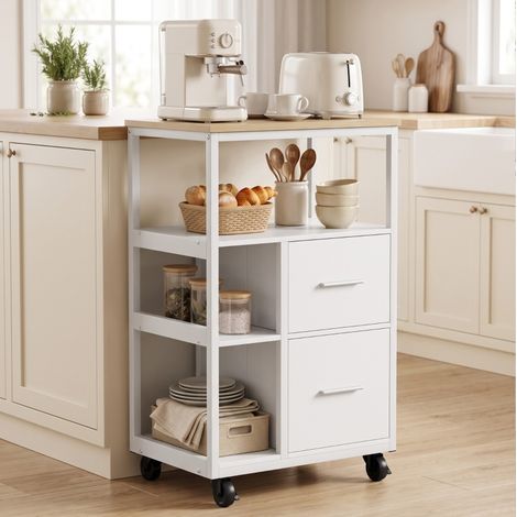 MODFU – Meuble cuisine à roulettes 53x37x89 cm – 2 tiroirs, niche ouverte – 4 roulettes – Aggloméré – Blanc (1/5)