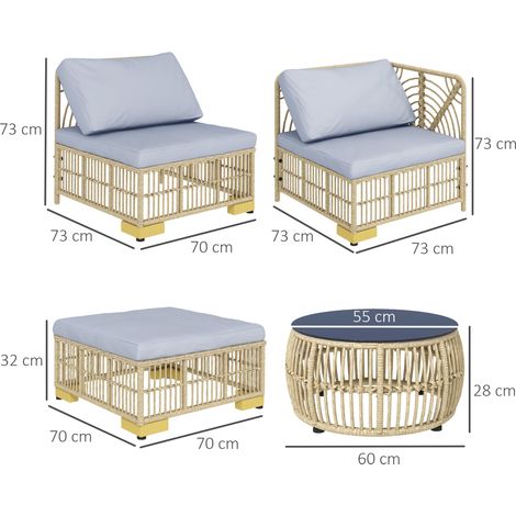 Ensemble 5 meubles de jardin rotin gris clair avec canapé d’angle et tabouret,coussins inclus pour aménagement balcon et patio.