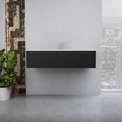 Inda - Badezimmerschrank 1 Schublade B.120 mit glänzendem Waschbecken / Mattschwarz - Smeraldo