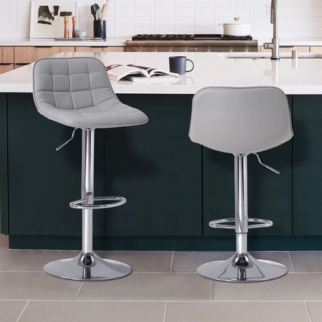 Set of 2 high bar stools with backrest - Height-adjustable chrome frame - Swivel - For bar, counter, kitchen, cafe, bar - Grey PU (1/5)