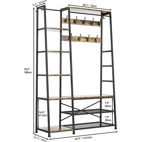 Tall Industrial Hall Tree Coat Rack Stand with Shoe Storage Bench, 9 Hooks, 5 Storage Shelves and Clothes Rail for Bedroom, Living Room, Hallway & Entryway (1/5)