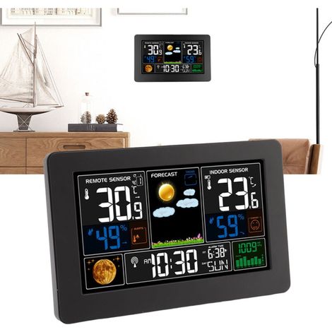Große Wetteruhr mit Farbdisplay, multifunktionale Innen-/Außenuhr mit Anzeige von Temperatur, Luftfeuchtigkeit und Luftdruck. USB-Anschluss, US 100–240 V, ABS-Gehäuse, 20,5 x 13 x 3 cm