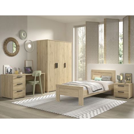 Ensemble lit 90x200cm + chevet + armoire 3 portes + bureau - PORI