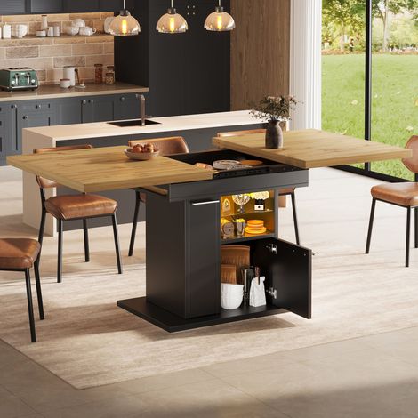 Table extensible lumineuse avec rangement intégré et éclairage LED multicolore, parfaite pour petits espaces, gain de place, design contemporain, étagères en verre, idéale pour repas en famille et soi (1/5)