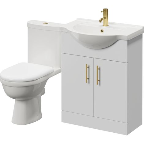 Alexander James Gloss White 650mm 2 Door Vanity Unit and Ideal Toilet Suite - 650mm - Brushed Brass 96mm Knurled Bar Handle