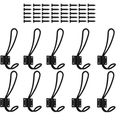Packung mit 10 rostfarbenen Eingangshaken – schwarze Wandhaken mit 40 Metallschrauben, Vintage-Doppelhaken (1/4)