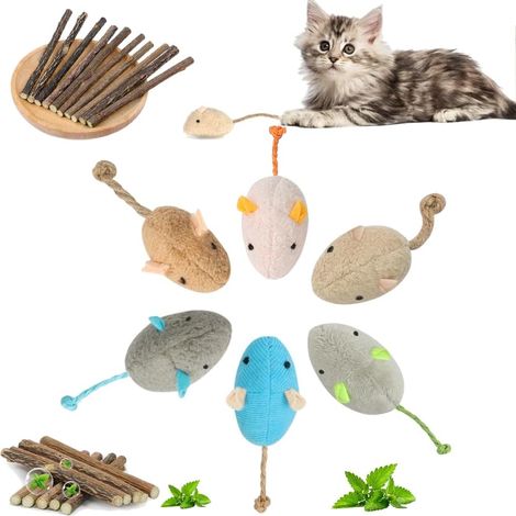 Set di 16 giocattoli per gatti a forma di topo con erba gatta, 10 bastoncini da masticare + 6 topolini (1/5)