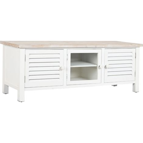 Meuble TV en bois de sapin et MDF coloris blanc - Longueur 120 x Profondeur 40 x hauteur 45 cm -PEGANE- (1/5)