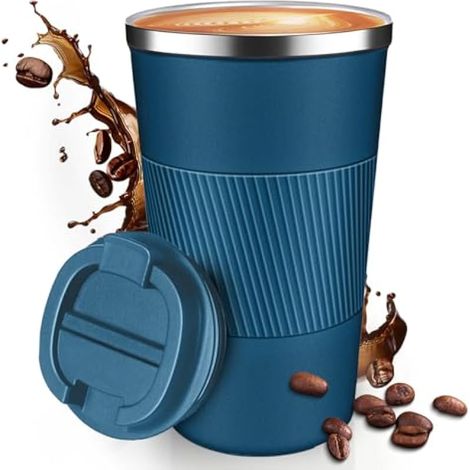 Tasse à café de voyage isotherme, anti-fuite, pobtable pour aller au camping - Gobelet à café réutilisable avec couvercles (bleu 510) (1/5)
