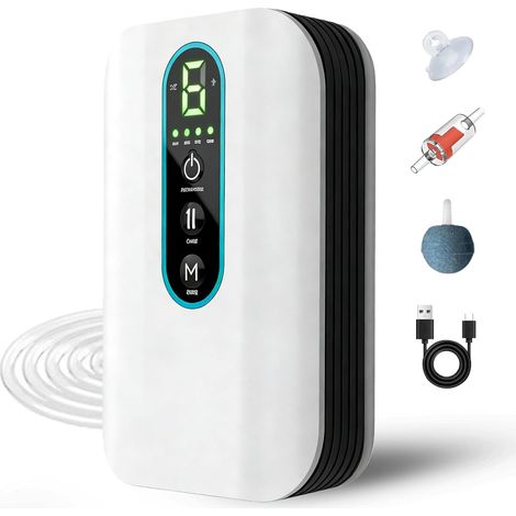 Bomba de aire para acuario, recargable por USB, con 1 salida, 6 niveles de flujo de aire ajustables, 3 L/min, aireador portátil, bomba para acuarios, estanques de jardín y pesca al aire libre. (1/5)