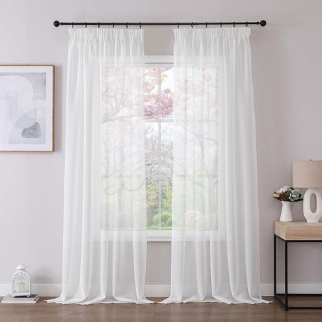 Lot de 2 Rideaux Voilage Blanc 140x260cm avec Galon Fronceur pour Rail, Polyester Semi-Transparent Salon Chambre