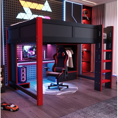 Hochbett 140x200 cm schwarz-rot aus Kiefernholz mit Gaming-Schreibtisch, Kleiderschrank und LED-Beleuchtung (1/5)