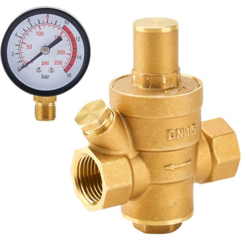 Réducteur de pression d'eau DN15 réglable en laiton avec manomètre, pour usage domestique (1 pièce). (1/5)