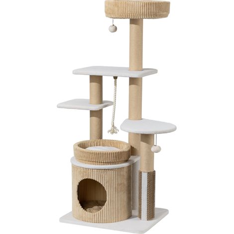 Fudajo Forest Oak 138 cm Albero tiragraffi beige, albero per gatti con casetta, amaca e tronchi tiragraffi in corda di carta, graffiatoio con punte massaggianti (1/5)