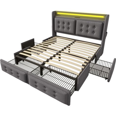 Cama con canapé 140x200 gris con cabecero LED y puertos USB-C, 4 cajones, madera y metal (1/5)