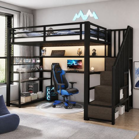 Cama alta metálica 90x200 con LED, armario, escritorio y almacenaje negro OKWISH (1/5)