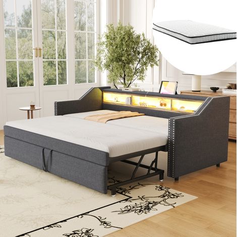 Letto estraibile 90x190/180x190 cm in lino grigio scuro con LED, per ospiti con materassi – MEUBLIV (1/5)