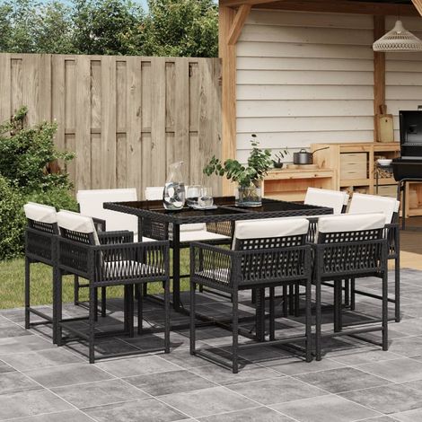 vidaXL 9-tlg. Garten-Essgruppe mit Kissen Schwarz Poly Rattan (1/5)