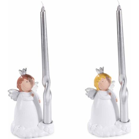 Portacandela ad angelo di Natale in resina con decori argento e candela a stelo torchon in argento metallizzato, set da 4 pezzi, cm 12 x 11,5 x 17 H