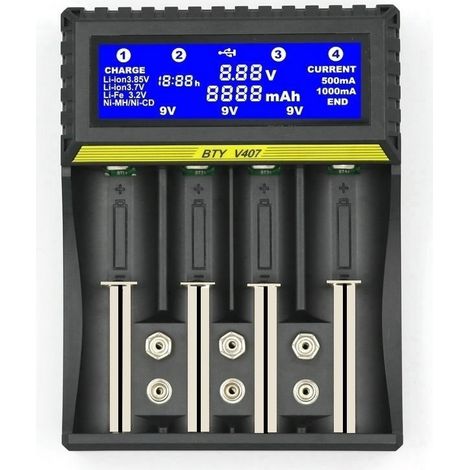 Chargeur de batterie 18650 Batterie Lithium-ion Nickel Métal Hydrure Nickel Cadmium AA AAA 9 V Chargeur de batterie Chargeur intelligent avec écran LCD, Noir (1/5)