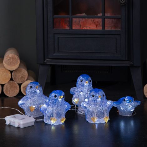 Set of 5 Battery Operated Light up Acrylic Christmas Penguins with LEDs