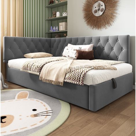 Cama tapizada 90x200 cm de terciopelo gris, diseño en L, con cabecero reversible y arcón hidráulico (1/5)