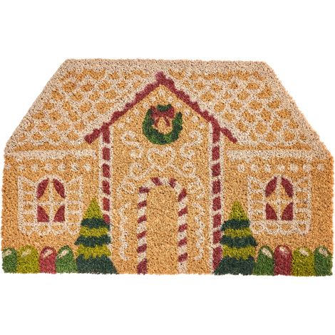 Felpudo de bienvenida de fibra de coco motivo navideño casa de jengibre antideslizante 45 x 75 cm natural Selatna