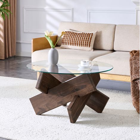 Tavolino da caffè rotondo 79x79x45 cm trasparente e noce in MDF e vetro con base a croce (1/5)