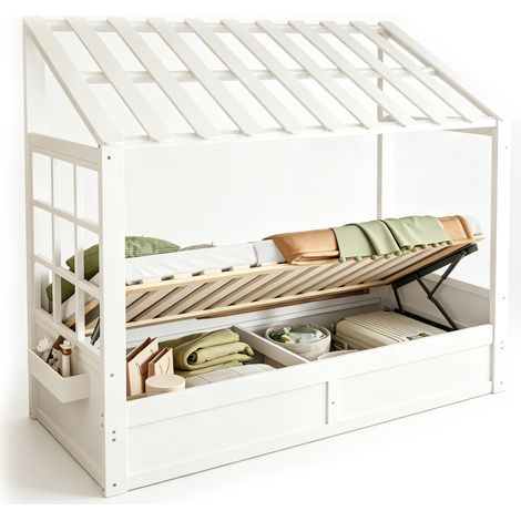 Lit cabane enfant 90 x 200 cm style maison avec toit, fenêtre, rangement hydraulique et niches latérales, blanc, idéal pour chambre d'enfant - CHICFURN (1/5)