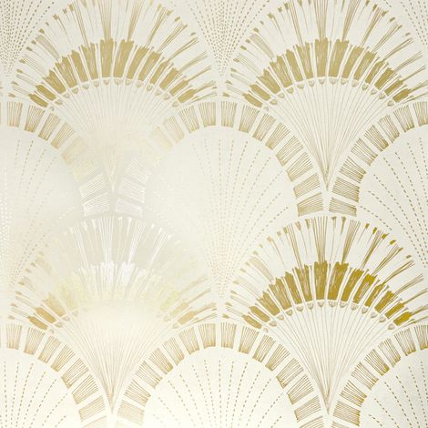 Art Deco Inspired Wallpaper Classic Metallic Fan Print Cream Gold Feature Wall (1/4)
