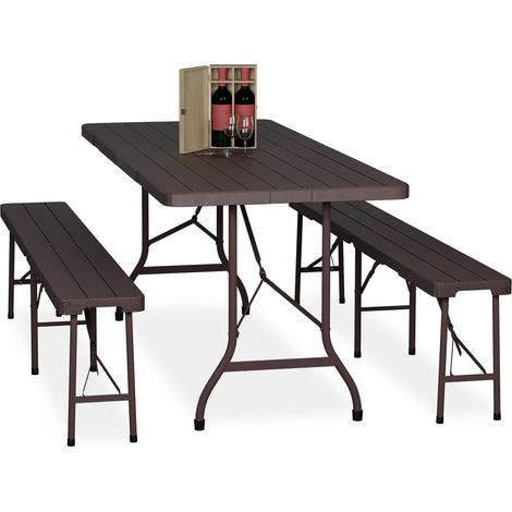 Relaxdays 3-Piece Folding Garden Furniture Set, Beer Benches with Large Table, for Marquees and Tents, Wood Look, Brown