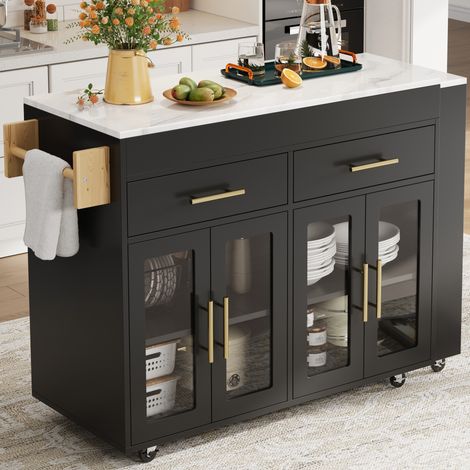 Îlot de cuisine mobile/chariot de cuisine à roulettes, table de bar extensible avec espace de rangement, meuble de cuisine avec portes vitrées, tiroirs et étagère, noir, 132,5-217 x 50 x 93 cm (1/4)